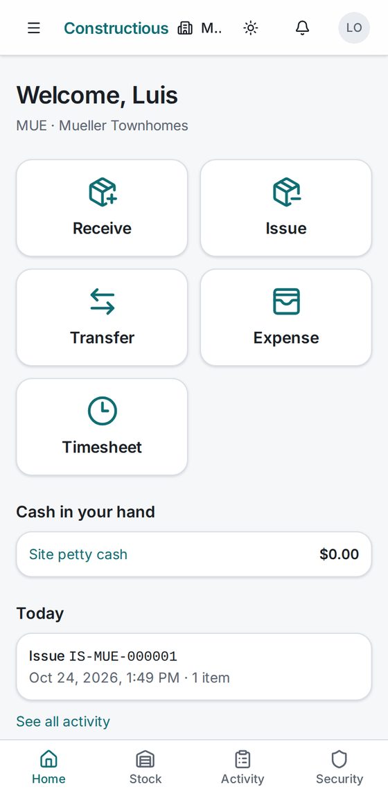 The site supervisor's phone home screen with five big buttons: Receive, Issue, Transfer, Expense and Timesheet.